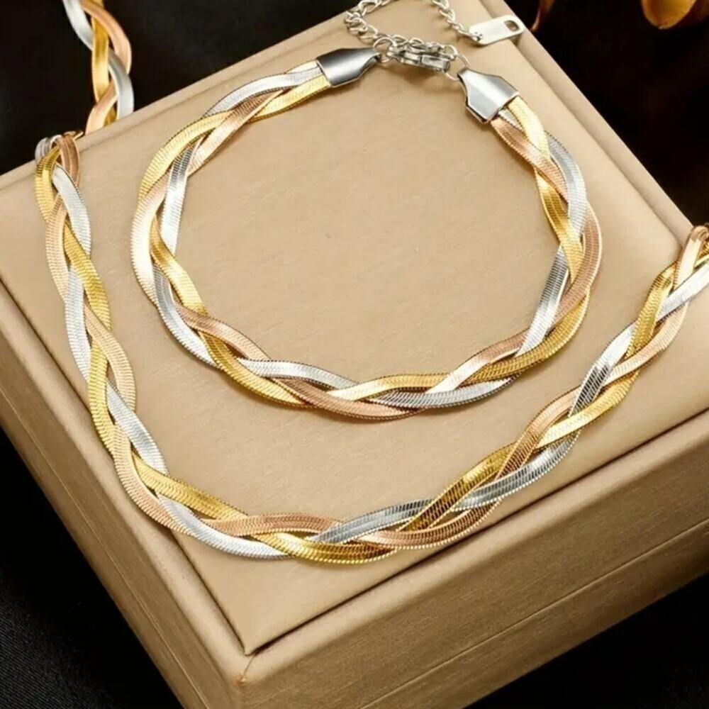 Stainless Steel Necklace Herringbone braided Tri-Colour Flat snake Chain 2 Pcs. - Picture 15 of 15